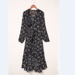 Floral Belted Lace Trim Surplice Dress